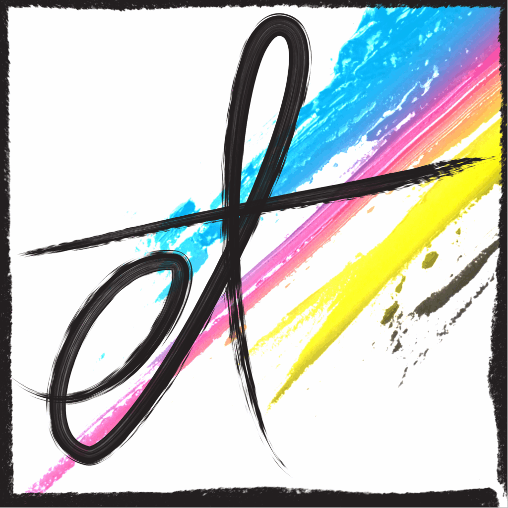 A black, calligraphic "ET" on a multicolor paint stroke background.